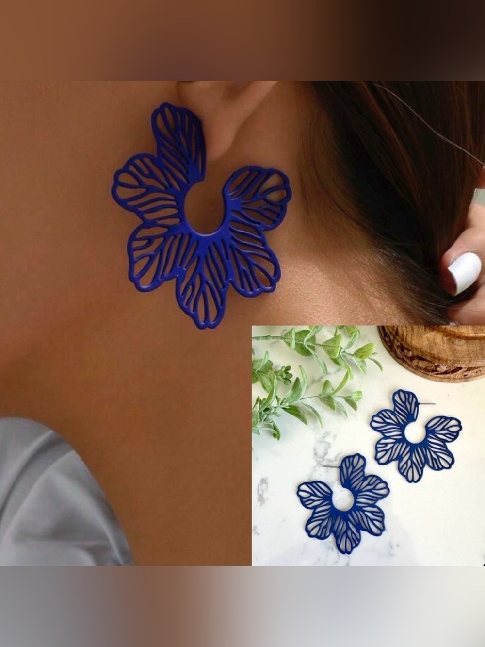 2/$30🌵 Dark Blue Flower Blossom Earrings Flat Cutout Garden Party Jewelry NEW